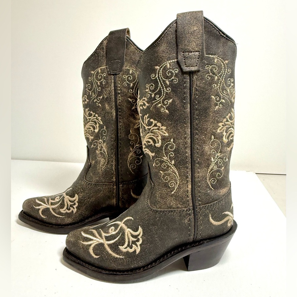 Old West Youth Kid’s Embroidered Snip Toe Brown Leather Cowboy Boots Size 10 D